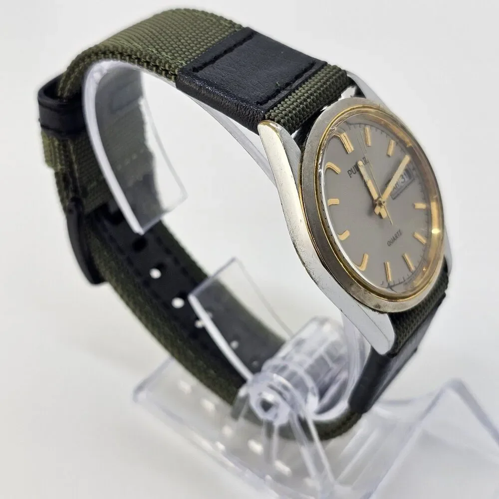 VTG Pulsar Men's Watch 35MM Gray Dial Day Date New Canvas‎ Bands New Battery